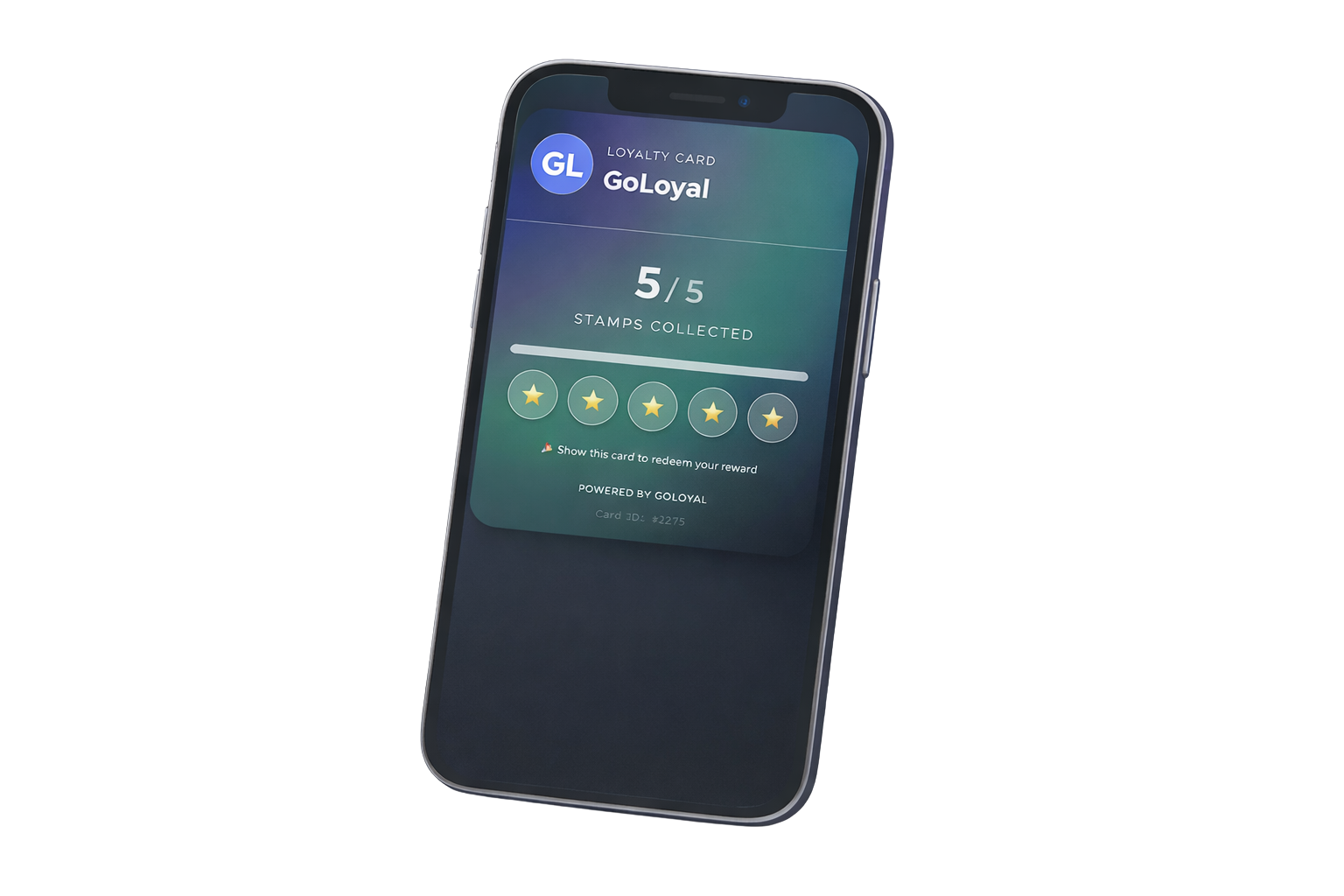 Digital loyalty card displayed on a mobile phone with five completed stamps and a reward ready to redeem